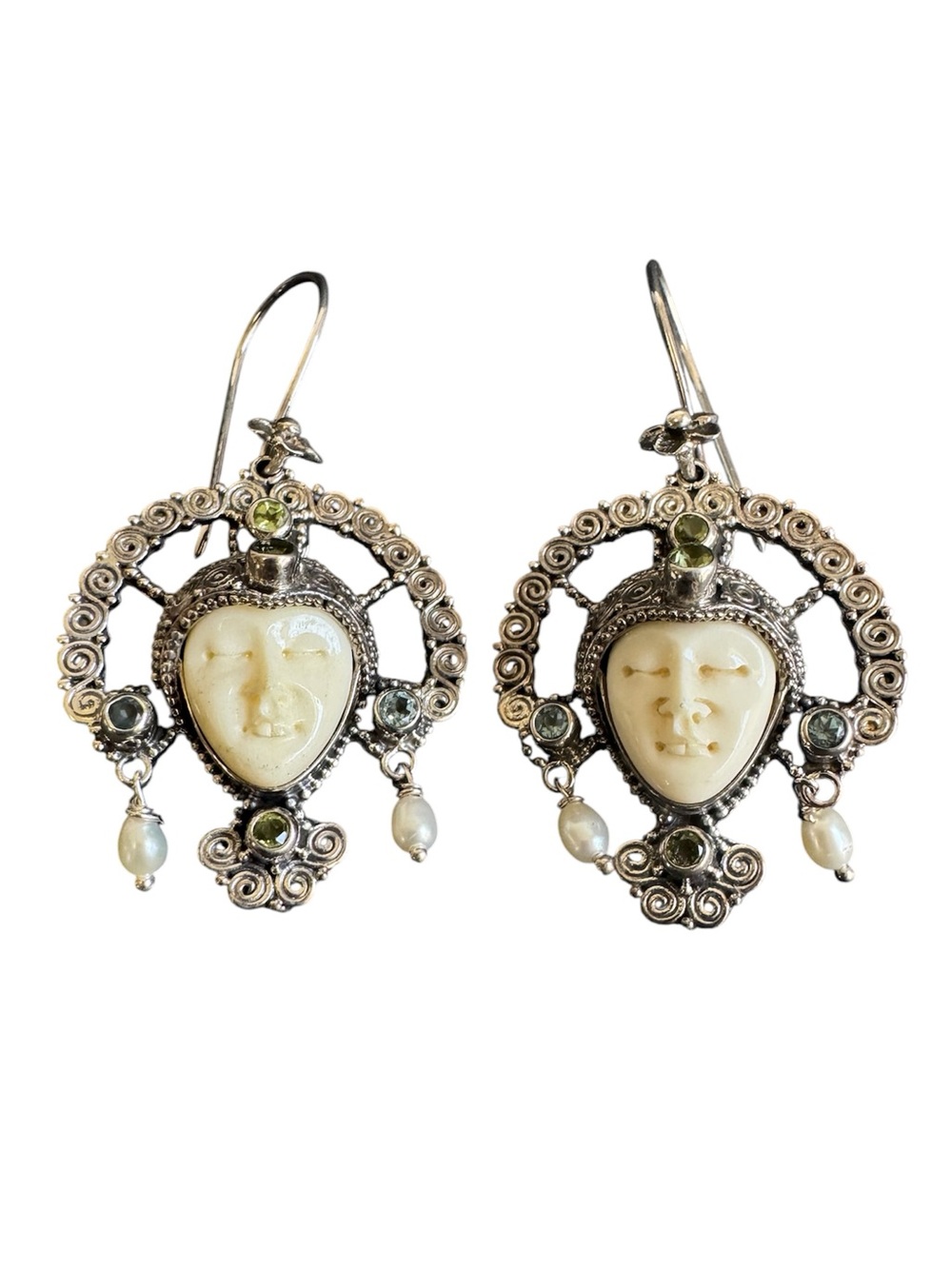 Novica Queen Of Plumeria Earrings Blue Topaz Peridot Sterling Silver Bali Mask